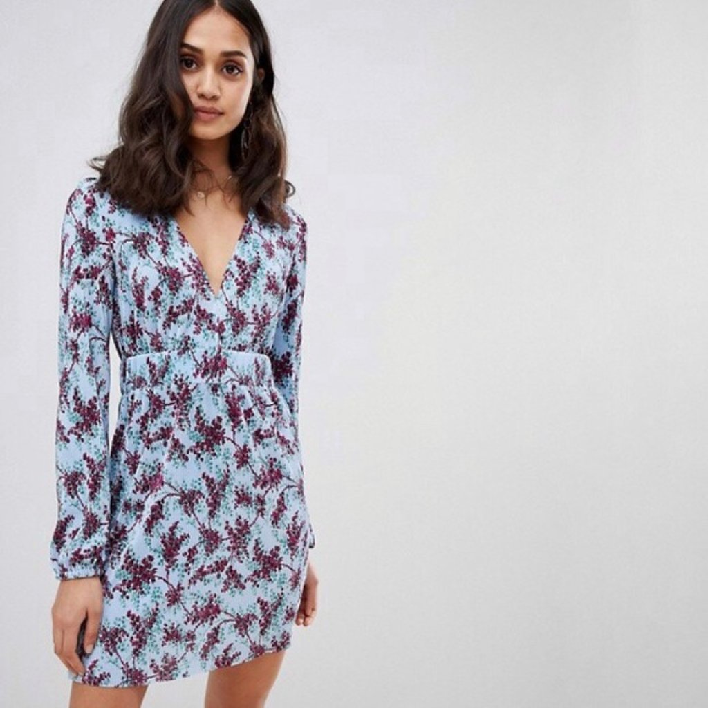 Asos Floral Print Mini Plisse Tea Dress - Size 6